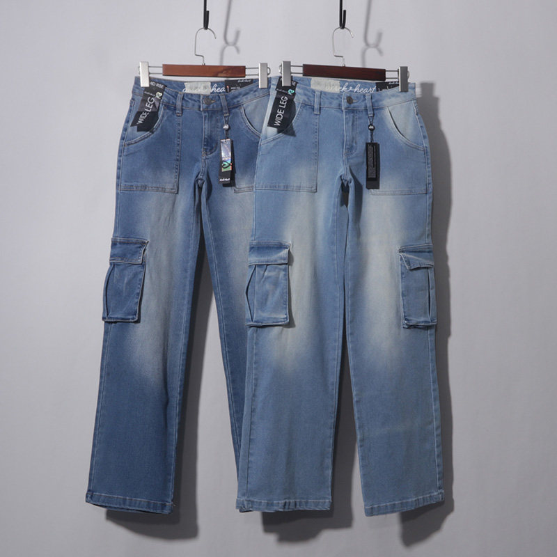 工装阔腿裤美式多口袋牛仔裤小众复古蓝欧美裤子潮中腰弹力,女装/女士精品,牛仔裤,淘宝优惠券,粉丝福利购,淘宝优惠卷