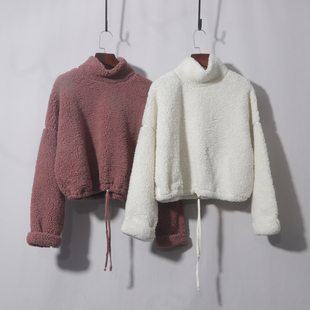 珊瑚绒套头卫衣（下摆抽绳）高领卫衣女宽松绒毛外套加厚