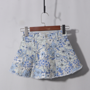 童装 牛仔印花伞裙（无内衬）碎花高腰牛仔短裙女夏天减龄A字半身