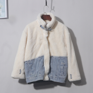 高领拼接牛仔羊羔毛外套百搭加绒加厚棉衣服
