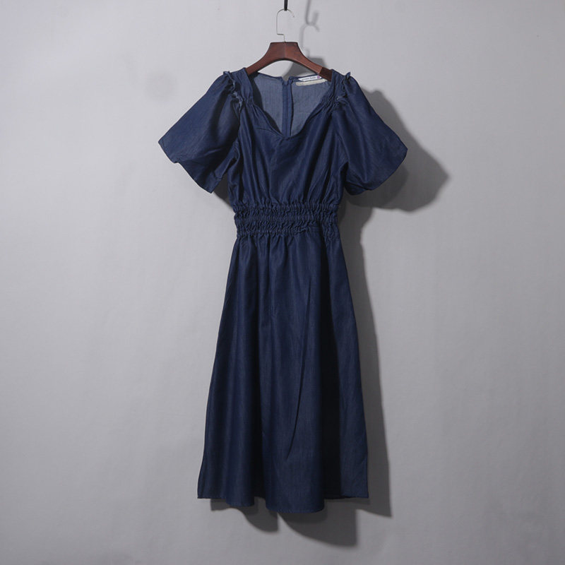 深蓝短袖连衣裙（腰围松紧）欧美春夏法式复古方领低胸高腰中长裙