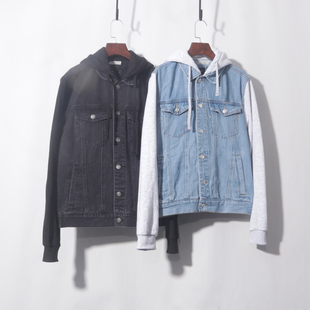 男装 牛仔衣连帽针织袖子拼接上衣夹克秋冬美式复古开衫上衣外套