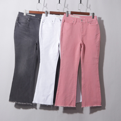 高腰毛边牛仔喇叭九分磨破高腰显瘦阔腿裤女