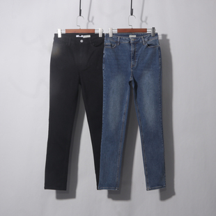 直筒牛仔裤女长裤秋冬新款高腰窄版小个子显瘦法棍烟管裤黑色蓝色