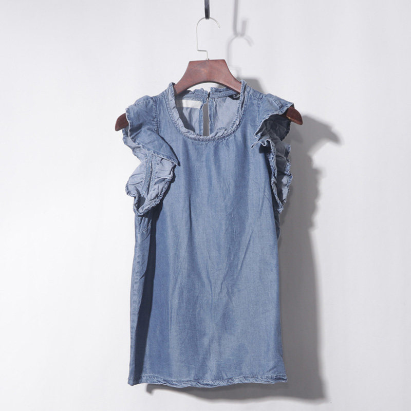 天丝 牛仔蓝木耳边无袖上衣美单 小众原复古减龄小立领做旧短袖,女装/女士精品,T恤,淘宝优惠券,粉丝福利购,淘宝优惠卷