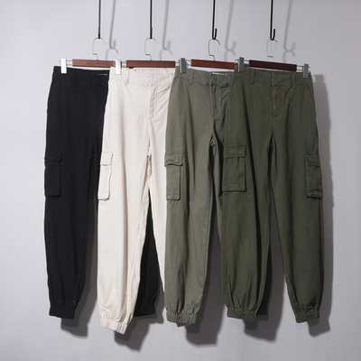 后松紧工装束脚裤 双暗扣哈伦裤女生裤新款大码束脚胖工装牛仔裤