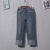 小个子翻卷边拼接高腰直筒牛仔蓝小直筒牛仔裤 春秋 九分烟管裤