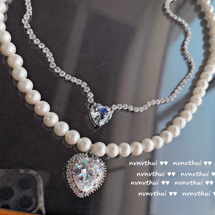 赫本桃心珍珠宝石气质项链轻奢高级感镀金满钻锆石耳钉琉璃饰品