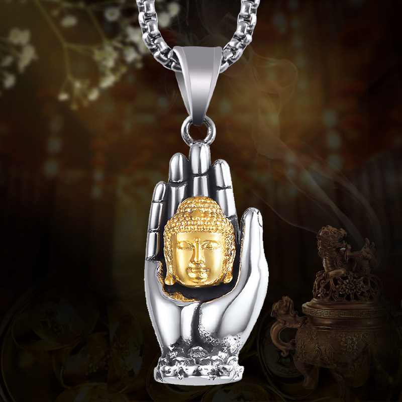 复古掌心佛项链男士本命佛佛像吊坠大日如来佛祖钛钢民族风挂件潮