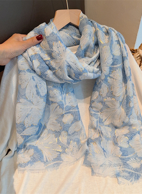 天蓝色烫金银杏叶丝巾女春夏季出游海边防晒披肩秋天薄款棉麻围巾