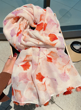 红色银杏叶丝巾女春夏季旅游拍照防晒遮阳大披肩秋天棉麻手感围巾