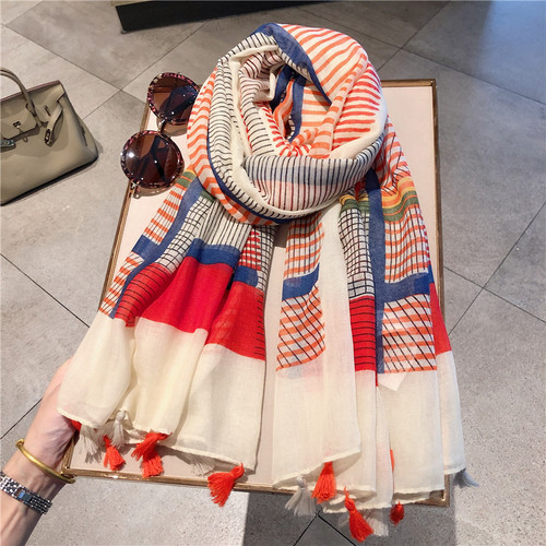 彩虹拼色春夏防晒棉麻时尚丝巾