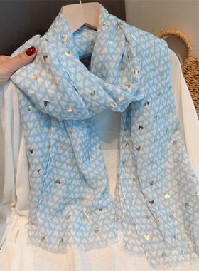 蓝色小爱心丝巾女春夏季出游海边防晒大披肩秋天薄款棉麻围巾纱巾