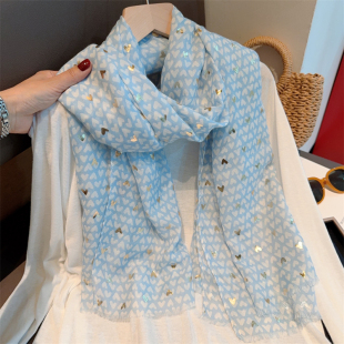 蓝色小爱心丝巾女春夏季出游海边防晒大披肩秋天薄款棉麻围巾纱巾