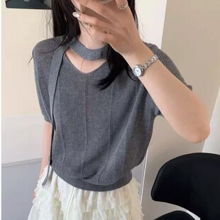 春夏薄款 女2026新款 镂空t恤打底上衣 针织衫 温柔韩系挂脖飘带短袖