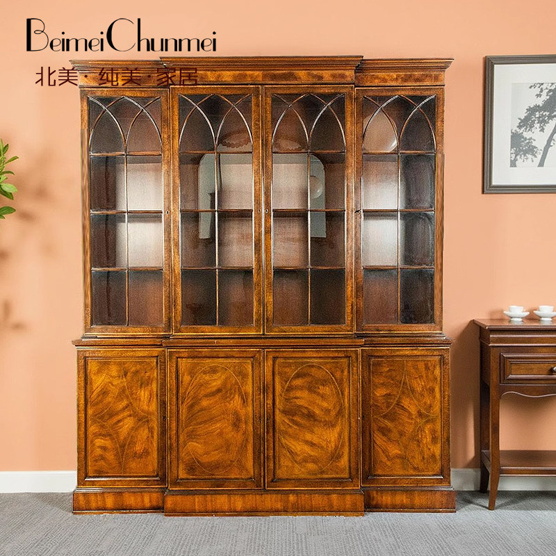 北美纯美美式乡村复古做旧实木书柜别墅展示柜四门收纳储物柜书橱