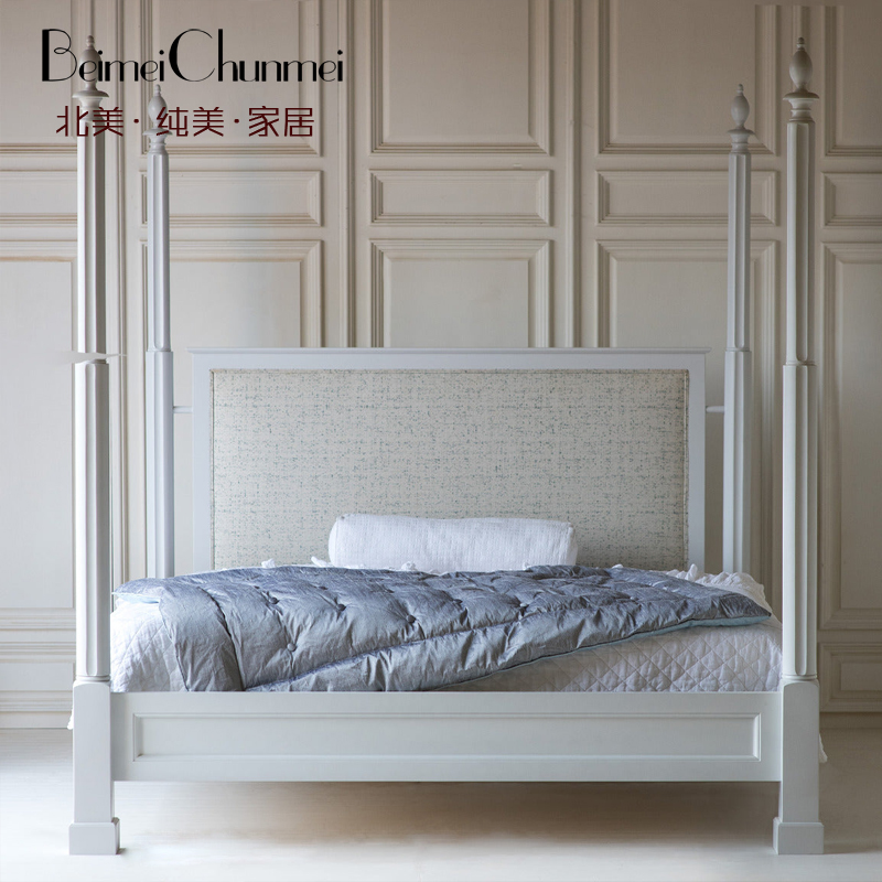 美式全实木四柱床1.8米架子床软包床高背床美式简约罗马柱双人床