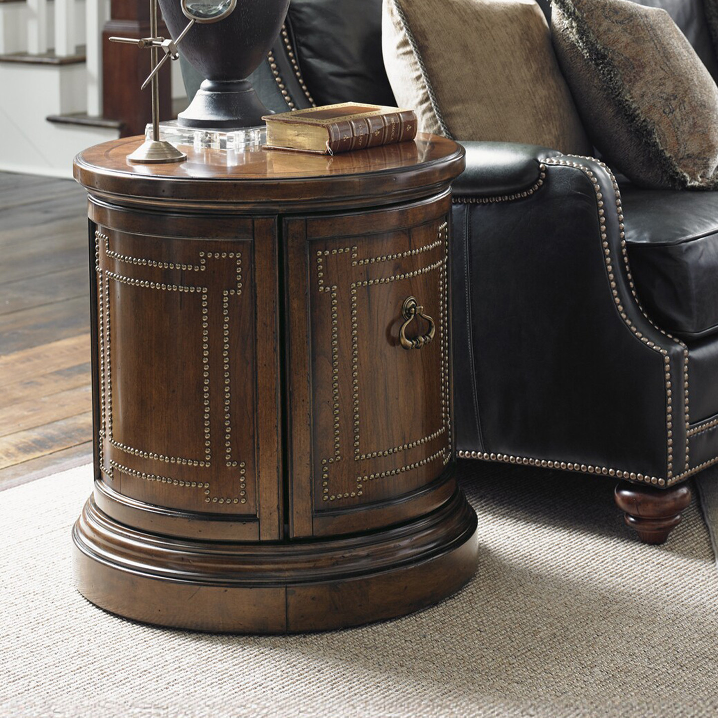 美式乡村实木打铜钉圆形边几复古做旧储物角几客厅小茶几沙发边几