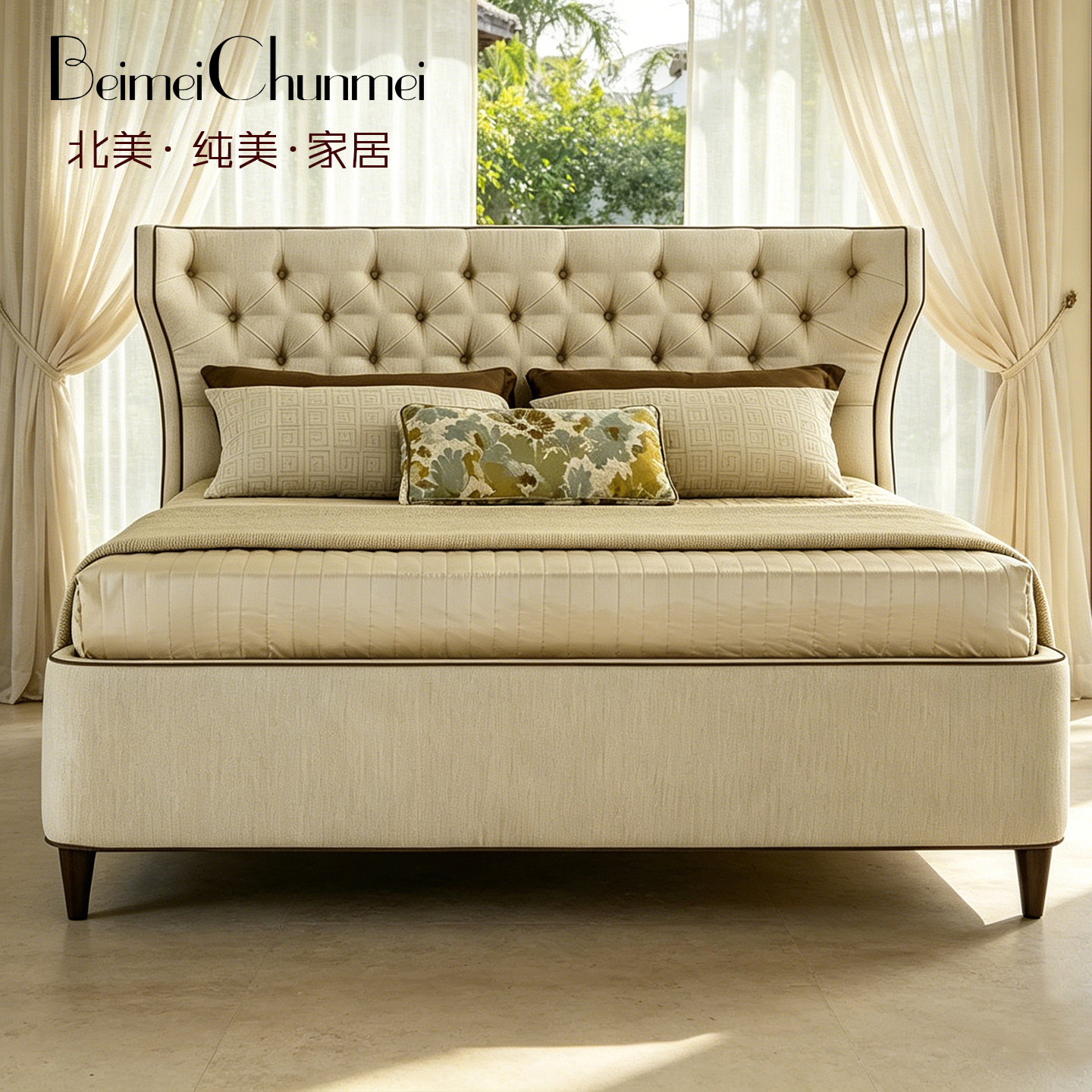 美式实木床 双人床 现代床美式简约布艺床1.8米卧室家具 婚床公主