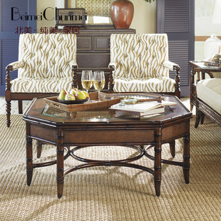 美式乡村八角形咖啡桌北欧创意实木钢化玻璃面茶几客厅功夫茶台