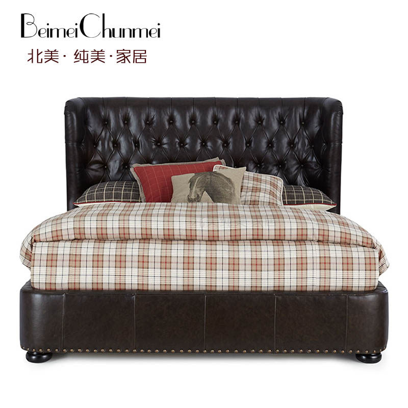 美式全真皮实木床进口头层牛皮豪华大床1.8米结婚床专业定制皮床