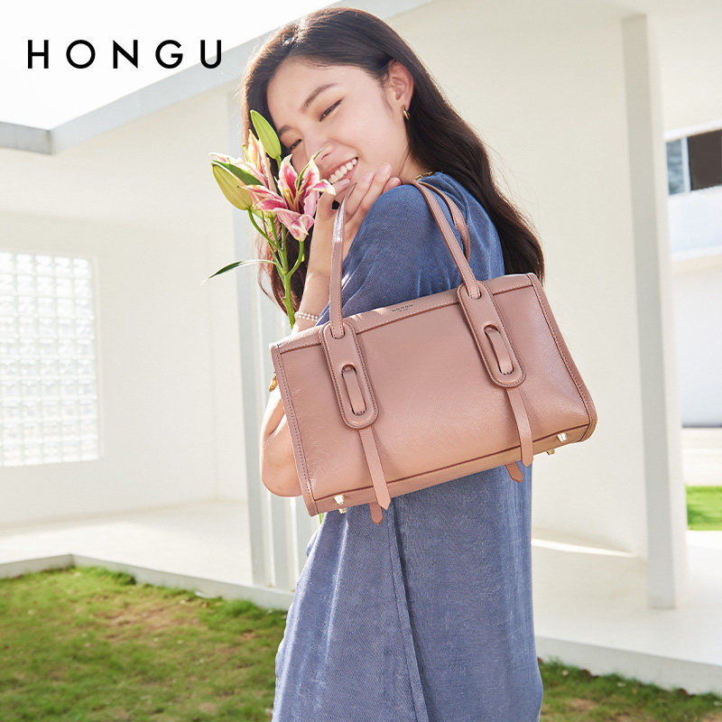 红谷包包2021新款潮油腊真皮单肩手提包大容量枕头波士顿包女士包