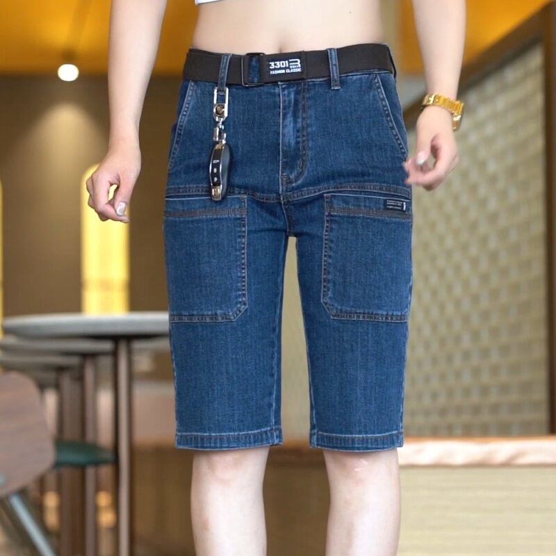 拉链七分复古水洗夏季多口袋牛仔图片