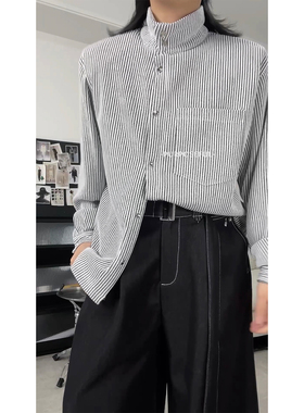 PURPOSEFUL诠度 高领立领条纹浅灰色长袖针织衬衣毛开衫上衣