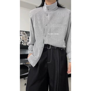 PURPOSEFUL诠度 高领立领条纹浅灰色长袖针织衬衣毛开衫上衣