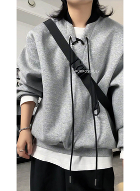 purposeful诠度 淡感帅气灰色慵懒系带V领太空棉卫衣秋冬男女同款