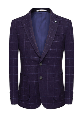 罗家男两粒扣西装深蓝紫条纹格子毛料西服冬季青年外套无衩73369