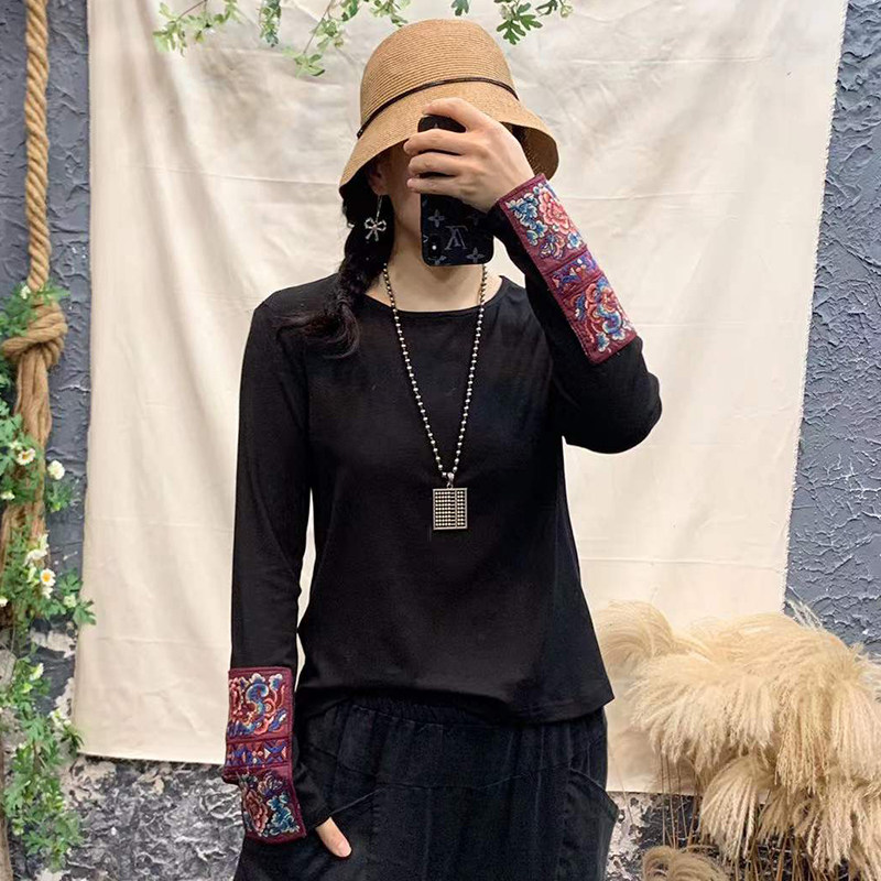 民族风女装修身显瘦女士上衣长袖绣花拼接T恤春秋季大码打底衫