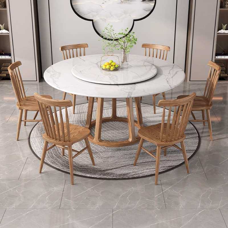 圆形实木餐桌白蜡木微晶石岩板小户型带转盘新中式1.3家用6人饭桌