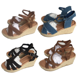 2025夏季外贸罗马风坡跟凉鞋女交叉带草编底露趾扣带舒适百搭