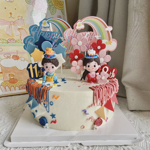 双胞胎蛋糕生日装饰摆件软陶小男孩女孩人偶龙凤胎公仔甜品台插件