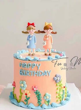 双胞胎女孩生日蛋糕装饰女生背包小辫子蜜桃裙娜娜公主姐妹摆件