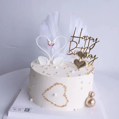 白色爱情鸟摆件烘焙天鹅生日蛋糕