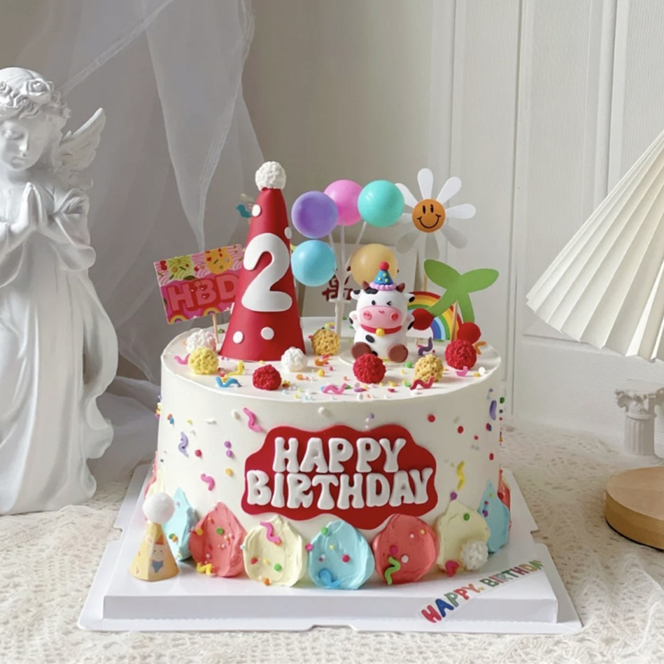牛宝宝生日蛋糕装饰摆件小牛2周岁二岁两岁满月百天插件布置插牌