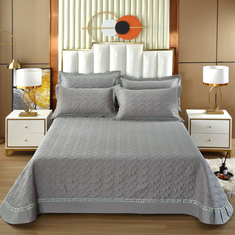 欧式纯棉床盖单件绗缝夹棉纯色全棉床单三件套防滑床笠床头套床罩