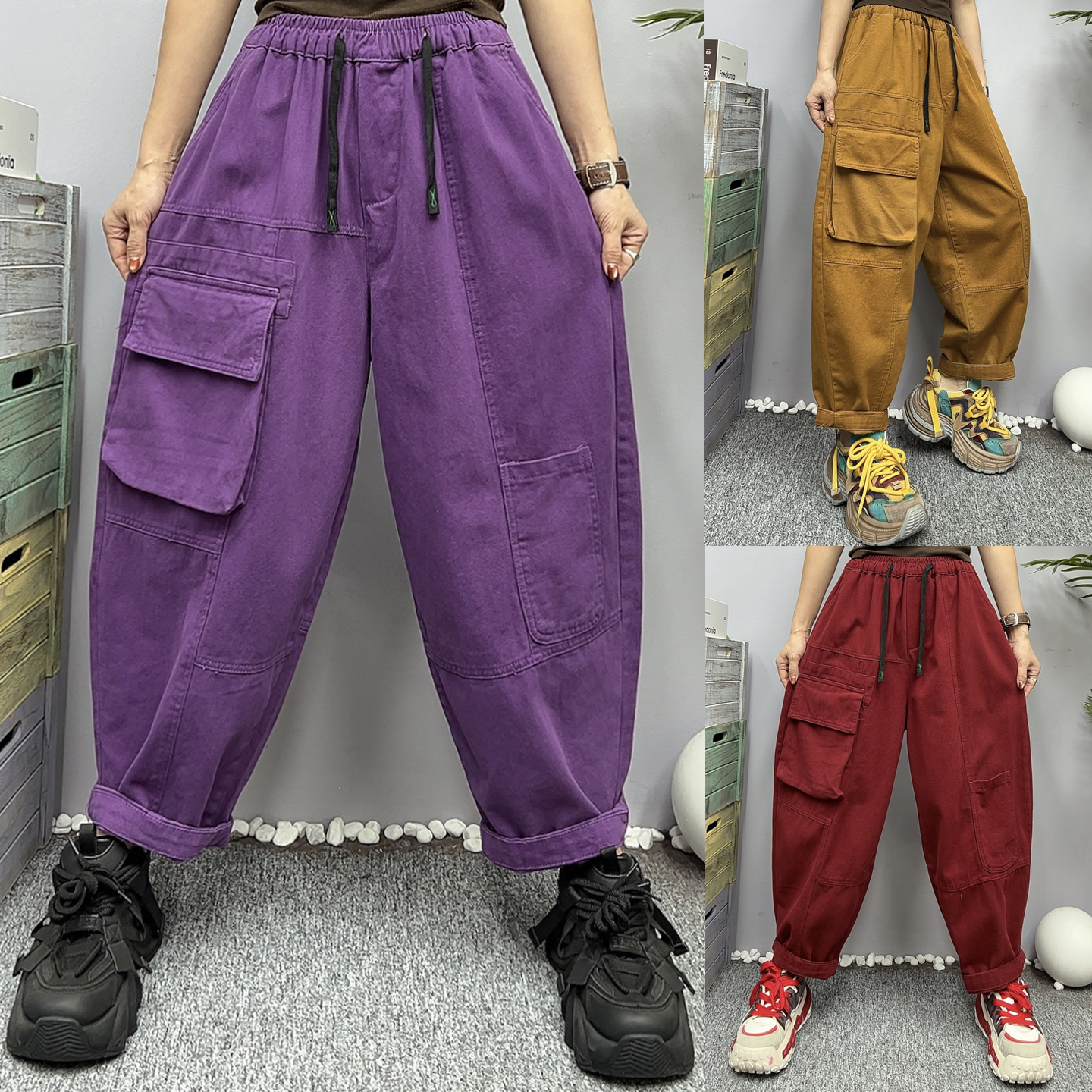 潮款牛仔哈伦裤女宽松九分工装裤