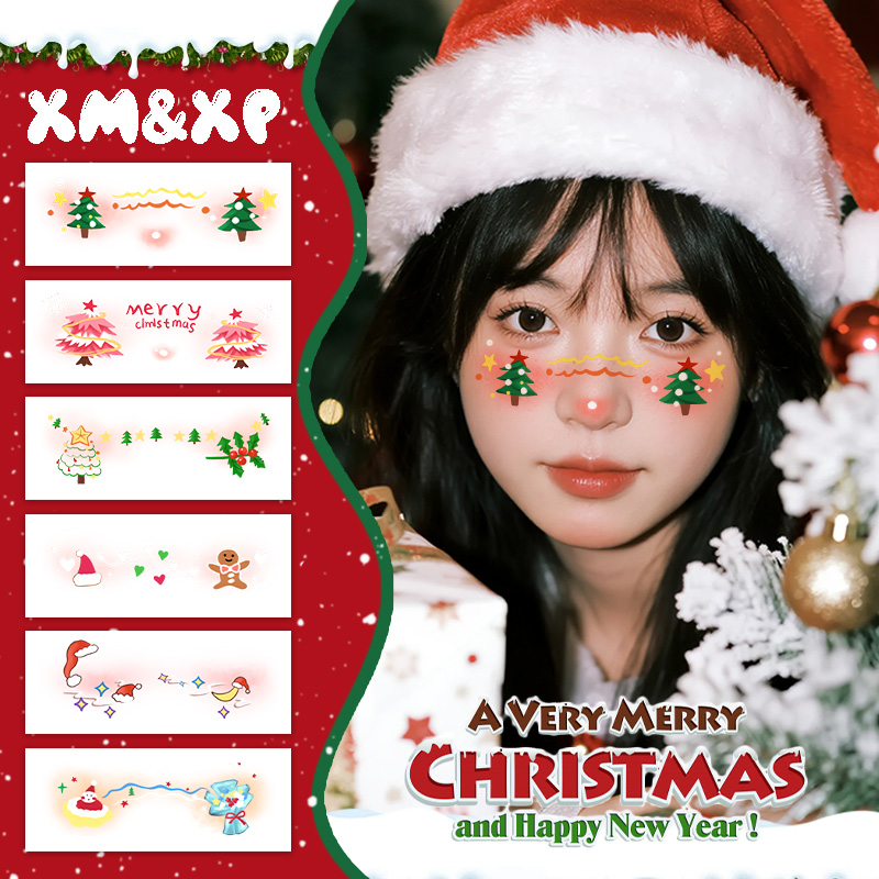 圣诞节妆容脸贴彩色纹身贴纸女防