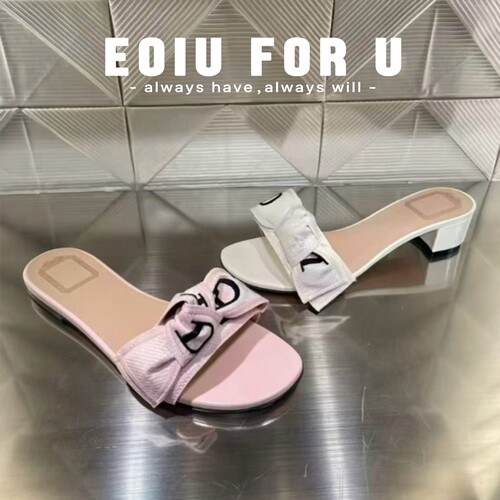eoiu真皮蝴蝶结粗跟一字拖女