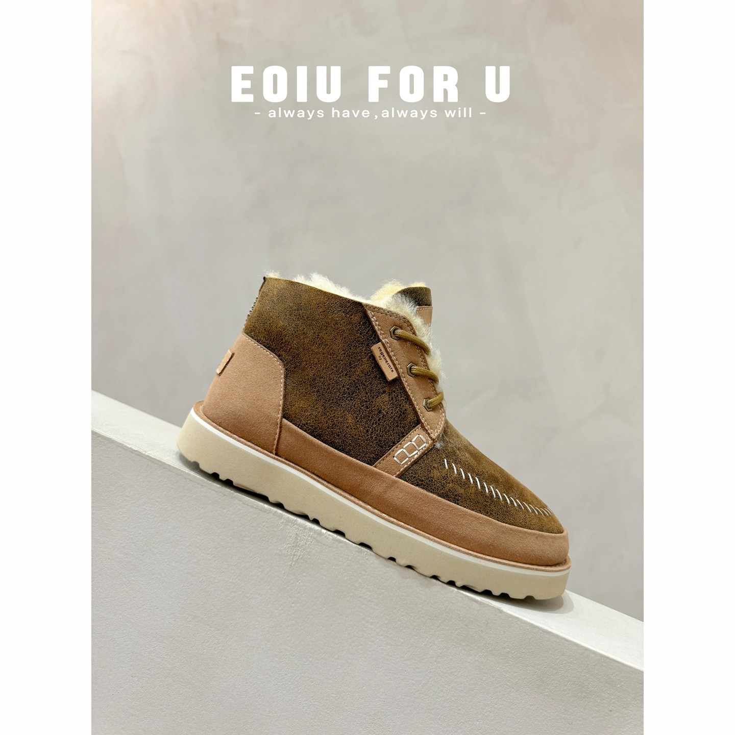 男士系带爆裂纹皮毛一体雪地靴