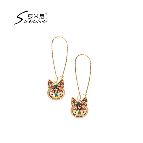 sumni复古珐琅招财猫耳环女