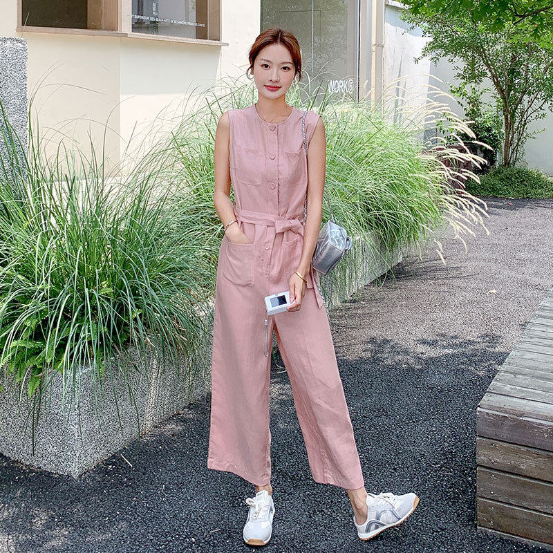 粉色甜美天丝无袖连体裤女夏新款小个子休闲亚麻九分阔腿连衣裤