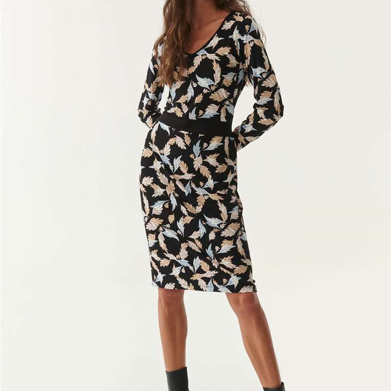 欧洲单人棉树叶碎花女弹力连衣裙