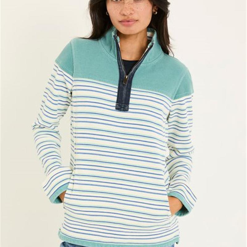 英国余单尾货 大码胖mm 春季新款条纹加绒半拉链女套头卫衣外套