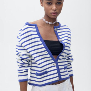 春季 条纹针织女开衫 新款 法式 海军风外套氛围感设计 偏厚 外贸纯元
