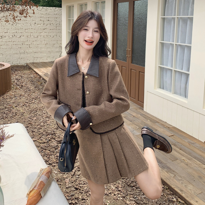 时尚套装秋季新款韩版百褶裙小香风拼接两件套