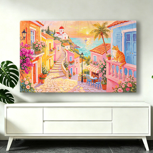 电视机防尘罩温馨小猫海景地中海装饰画65/75/防晒遮光布艺盖布套